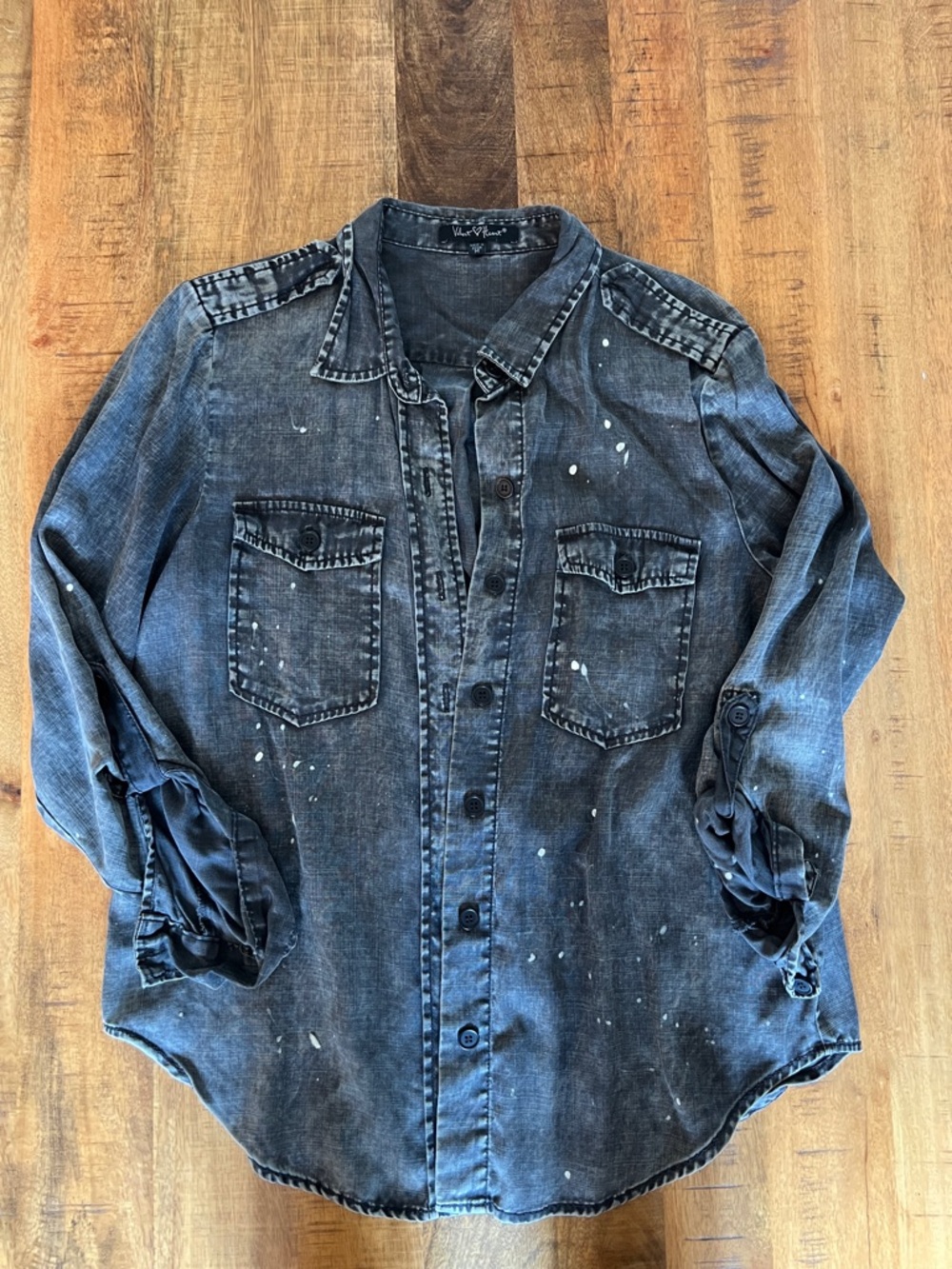 Velvet Heart Gray Washed Paint Splattered Button-Up Top